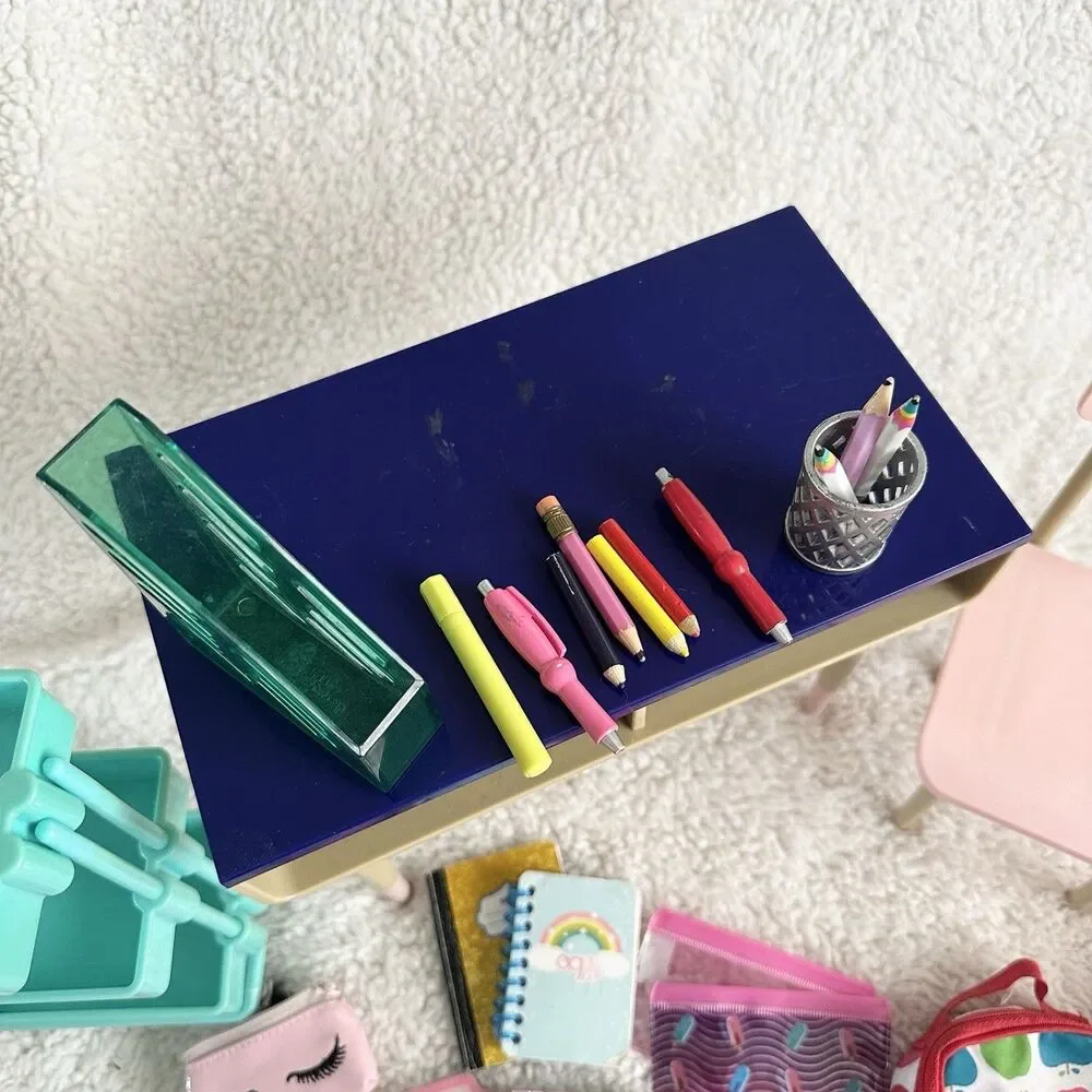 Our Generation School Desk Rolling Cart Chair With Accessories For 18” Doll